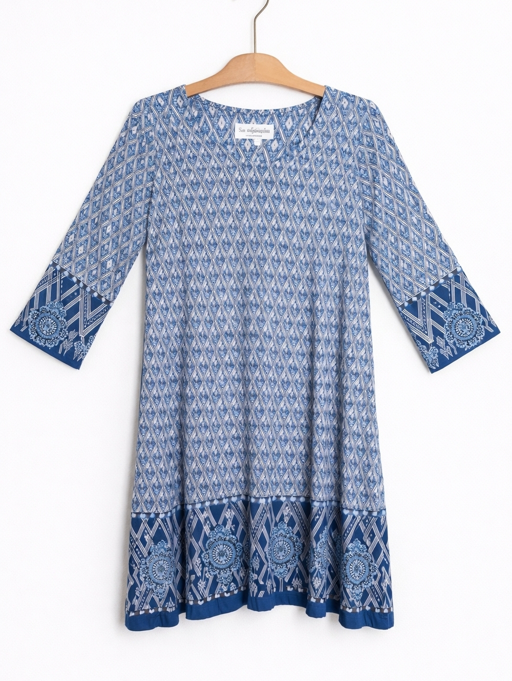 Sara Campbell Blue Print Dress XL Stretch Lined 3/4 Sleeve Made USA
